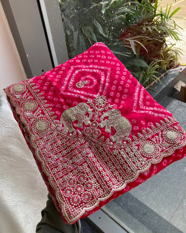 Kiara Priyal Pink Georgette Bandhej Printed Embroidery Saree