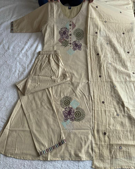 KR 401 Cream Cotton Thread Embroidery Readymade Dress
