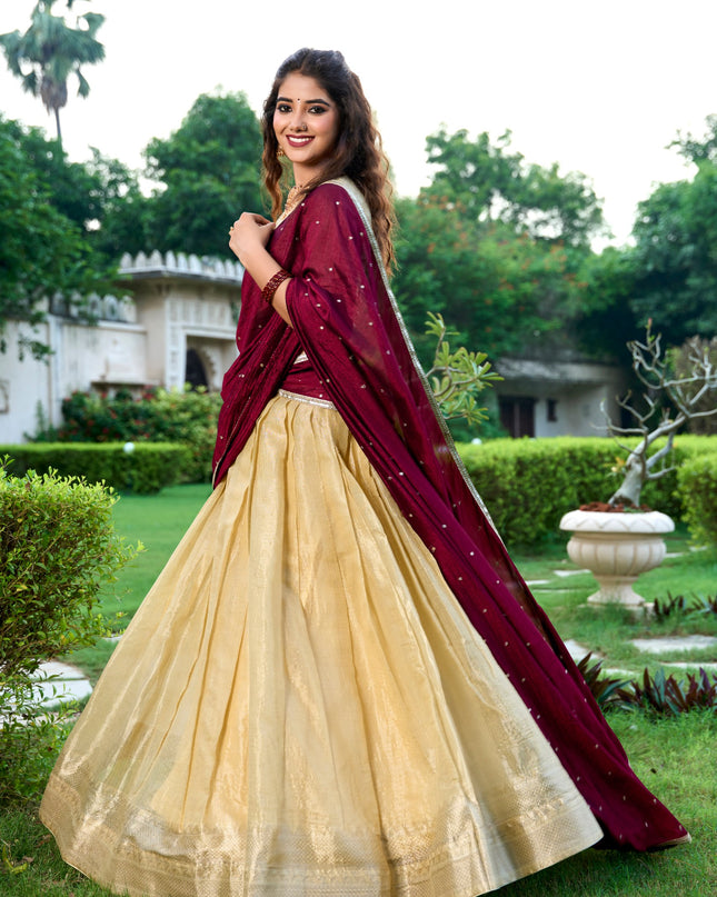 WMN 2003 Cream Kanchipuram Silk South Style Lehenga Blouse