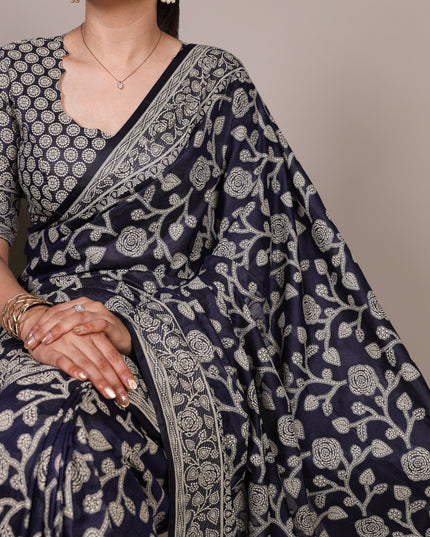 WMN 8004 Navy Blue Cotton Silk Flower Printed Saree