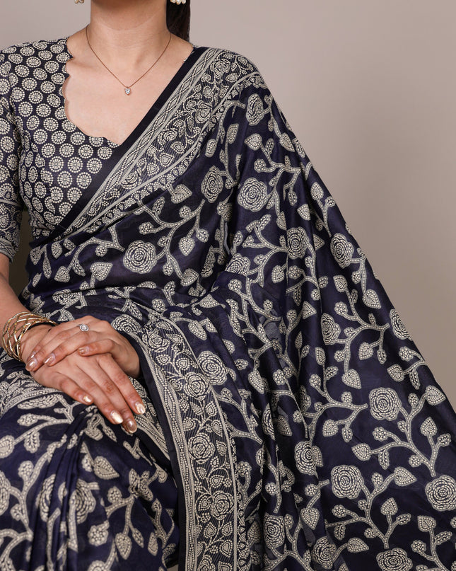 WMN 8004 Navy Blue Cotton Silk Flower Printed Saree