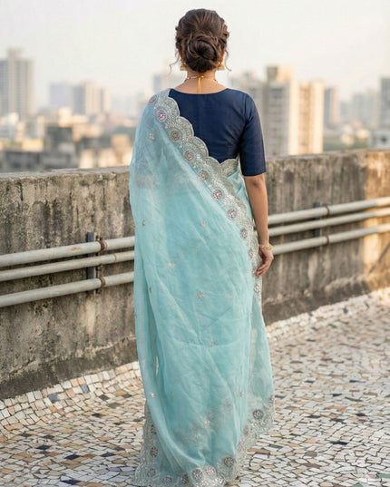 Kusum 812 Sky Blue Gold Crush Thread Work Saree 2026