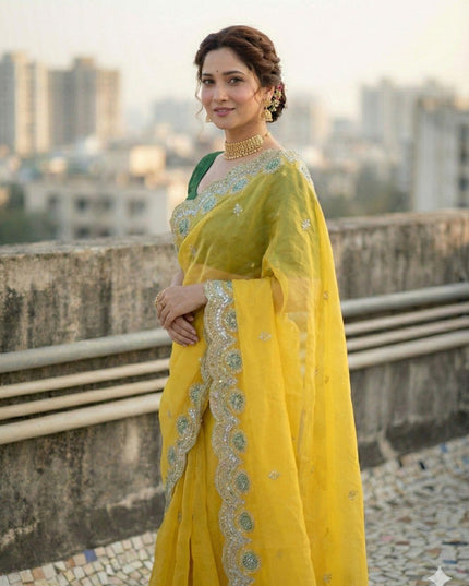 Kusum 812 Yellow Gold Crush Thread Work Festival Saree
