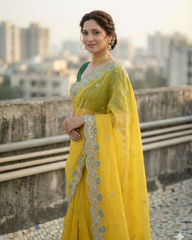 Kusum 812 Yellow Gold Crush Thread Work Festival Saree