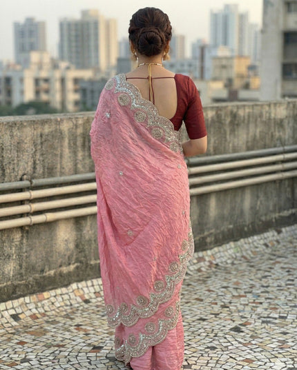 Kusum 812 Pink Gold Crush Thread Work Party Wear Saree