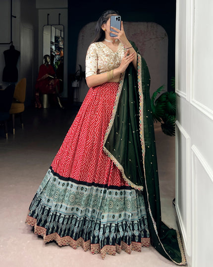 WMN 1416 Red Rayon Bandhej Ajrakh Printed Lehenga Choli