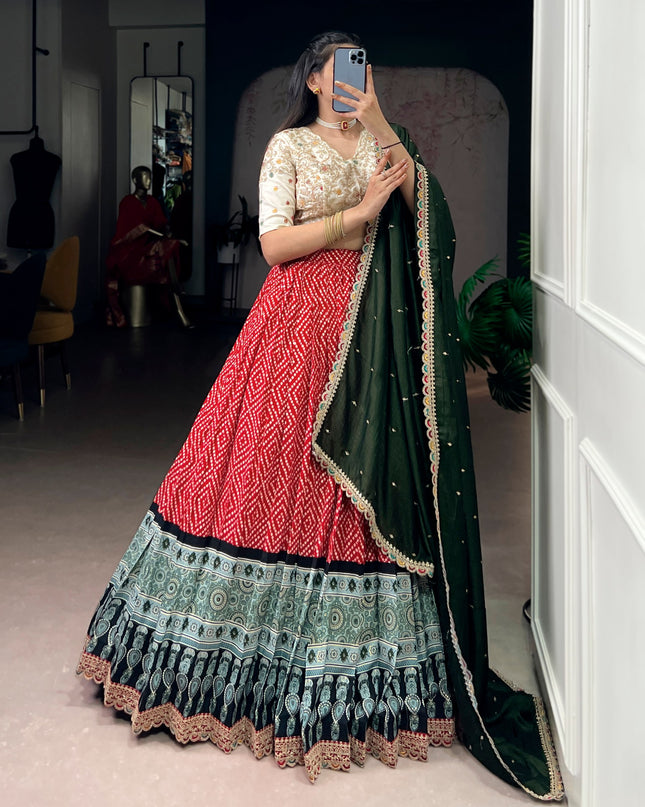 WMN 1416 Red Rayon Bandhej Ajrakh Printed Lehenga Choli