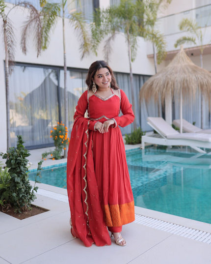 Moni 1237 Red Mul Chanderi Mirror Lace Work Readymade Dress