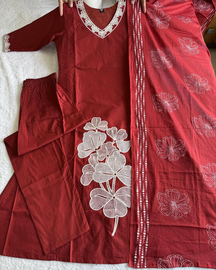KR 404 Falu Red Cotton Embroidery Readymade Dress