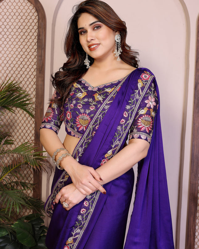 Kiara Azira Purple Satin Chiffon Embroidery Work Saree