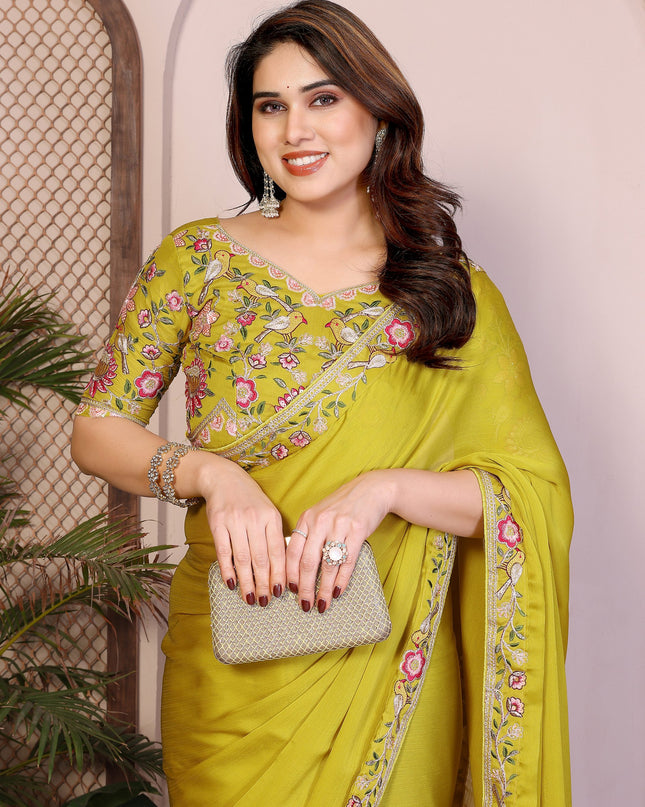 Kiara Azira Yellow Satin Chiffon Embroidery Saree For Women