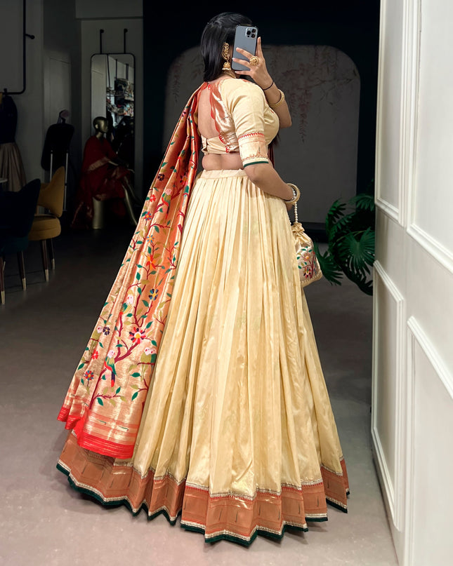 WMN 2031 Cream Silk Paithani Zari Weaving Lehenga Choli