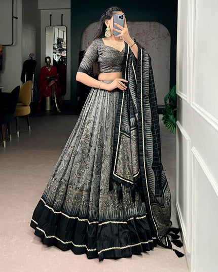 WMN 1206 Grey Tasar Silk Kalamkari Printed Lehenga With Lace Border
