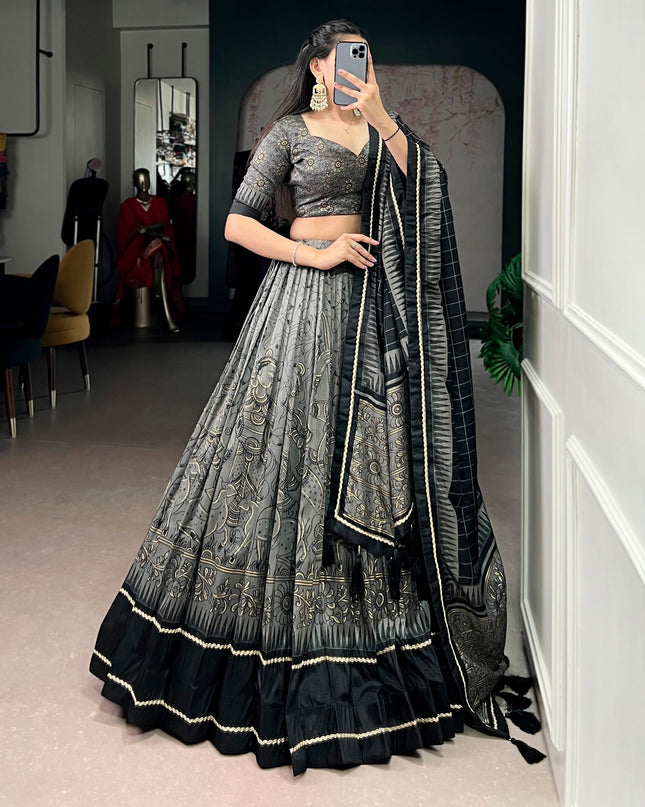 WMN 1206 Grey Tasar Silk Kalamkari Printed Lehenga With Lace Border