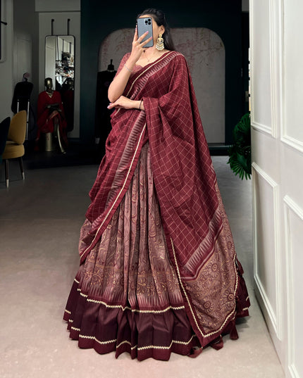 WMN 1206 Maroon Tasar Silk Kalamkari Printed Lehenga Choli Collection