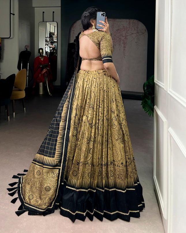 WMN 1206 Golden Tasar Silk Kalamkari Printed Lehenga Choli For Women
