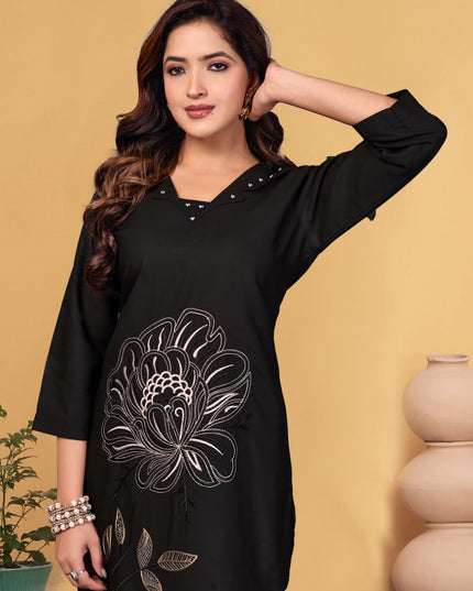 Lila 133 Black Viscose Rayon Co Ord Set With Embroidery Hend Work