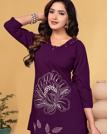 Lila 133 Purple Viscose Rayon Co Ord Set With Multi Embroidery