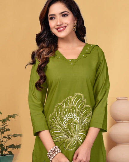 Lila 133 Parrot Viscose Rayon Designer Hend Work Co Ord Set