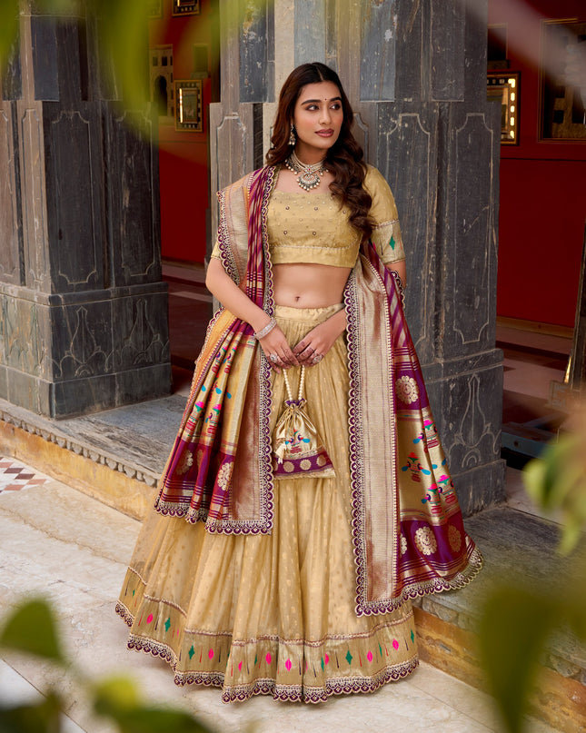 WMN 2032 Cream Organza Zari Weaving Paithani Lehenga Choli