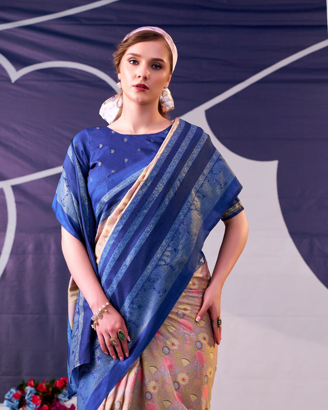 WMN 7302 Tasar Silk Floral Print Periwinkle Color Saree