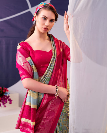 WMN 7302 Tasar Silk Floral Print Burgundy Color Saree