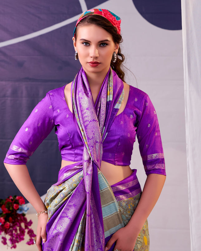 WMN 7302 Tasar Silk Floral Print Purple Color Saree