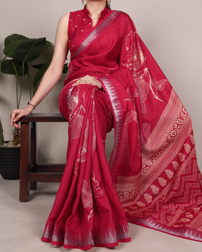 WMN 7213 Slub Silk Red Floral Printed Saree Collection