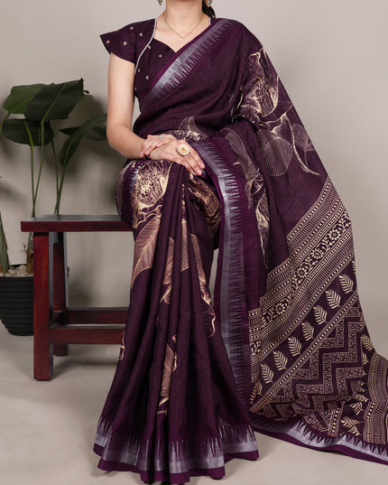 WMN 7213 Slub Silk Taupe Color Floral Printed Saree
