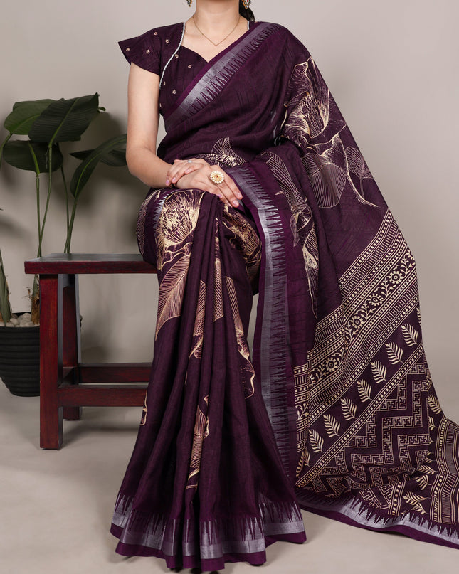 WMN 7213 Slub Silk Taupe Color Floral Printed Saree