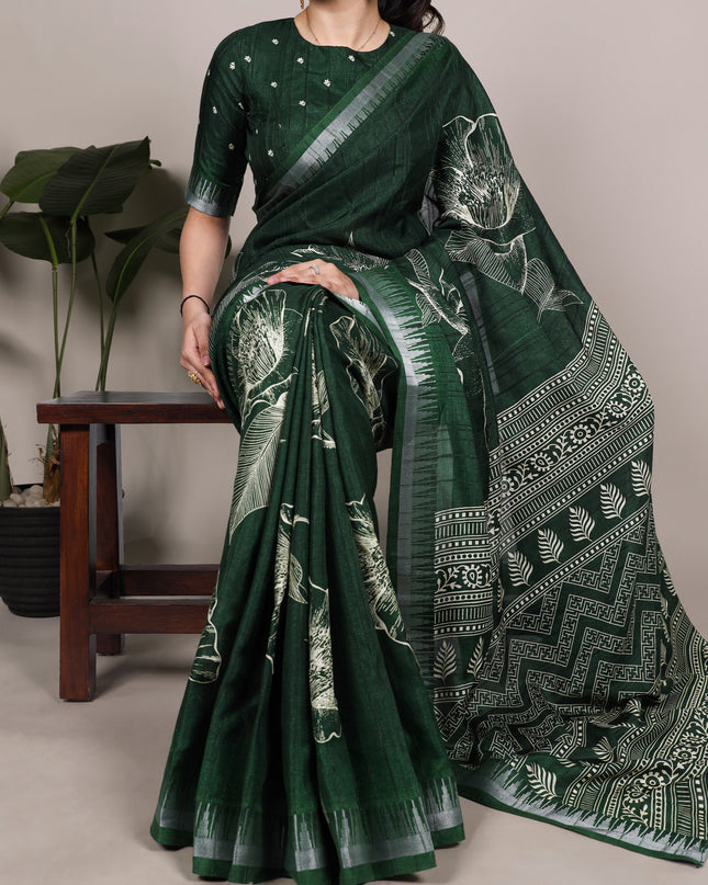 WMN 7213 Slub Silk Dark Green Color Floral Printed Saree