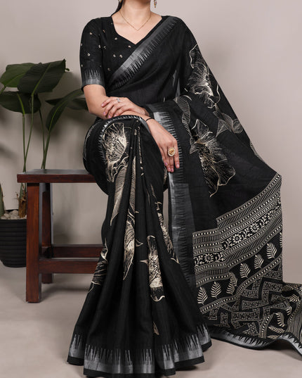 WMN 7213 Slub Silk Black Color Floral Printed Saree