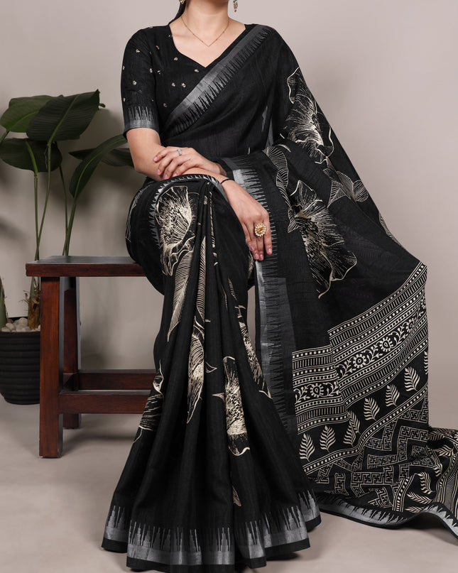 WMN 7213 Slub Silk Black Color Floral Printed Saree