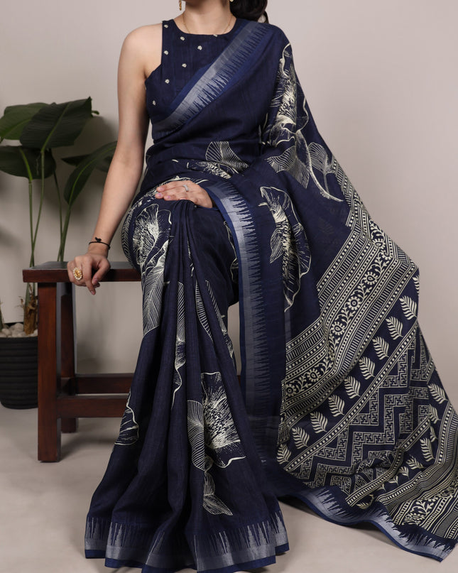 WMN 7213 Slub Silk Dark Blue Color Floral Printed Saree