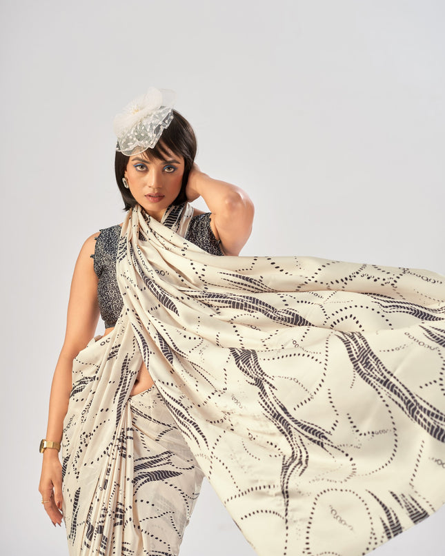 WMN 7016 Satin Silk Beige Color Printed Party Wear Saree