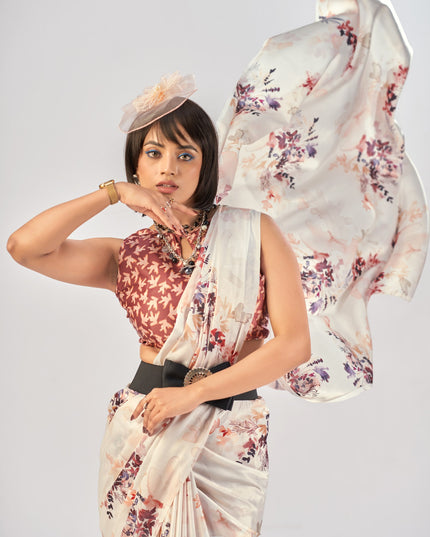 WMN 7016 Satin Silk Lvory Color Printed Party Wear Saree