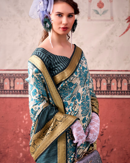 WMN 7050 Tasar Silk Yamisha Teal Color Party Wear Saree