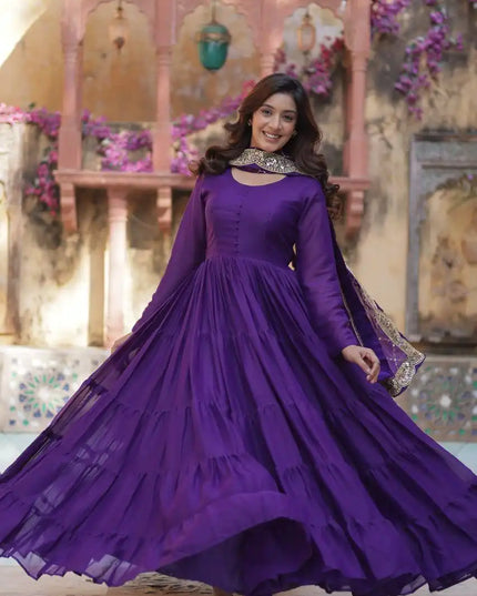 Mohini 9212 Purple Color Flair Gown Made With Star Georgette Embroidered Dupatta