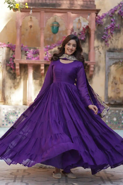 Mohini 9212 Purple Color Flair Gown Made With Star Georgette Embroidered Dupatta