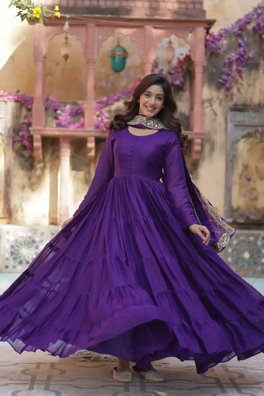 Mohini 9212 Purple Color Flair Gown Made With Star Georgette Embroidered Dupatta