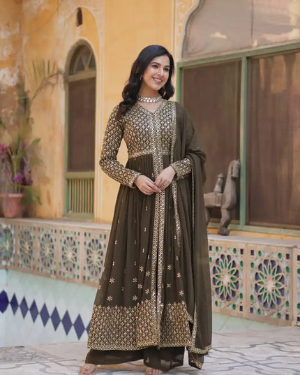 Moni 1149 Readymade Dark Green Georgette Kurti Pant With Dupatta