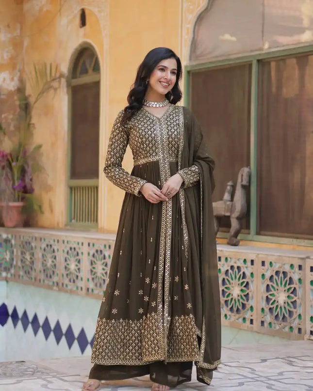 Moni 1149 Readymade Dark Green Georgette Kurti Pant With Dupatta