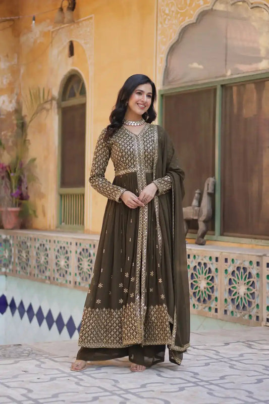 Moni 1149 Readymade Dark Green Georgette Kurti Pant With Dupatta