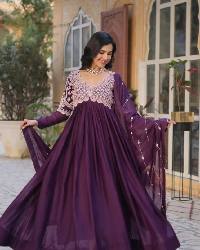Moni 1150 Purple Color Embroidery And Sequins Gown And Dupatta