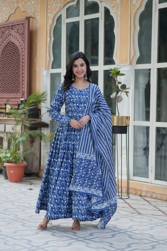 Moni 1154 Blue Color Readymade Gown With Dupatta
