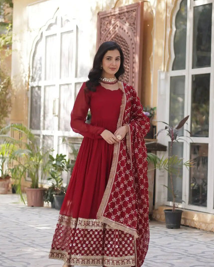 Moni 1157 Red Color Blooming Gown And Dupatta Collection
