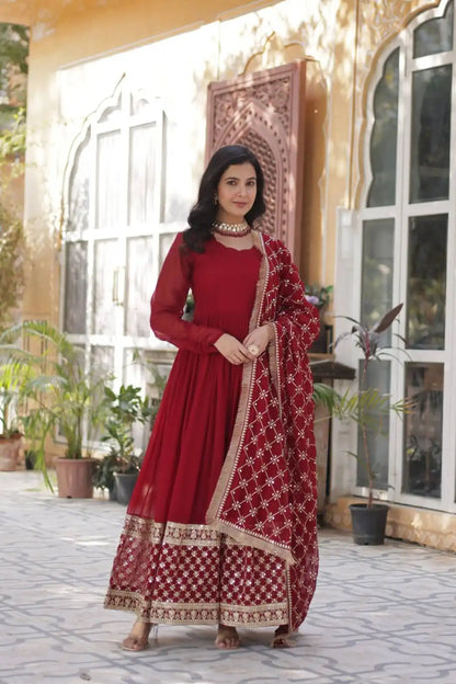 Moni 1157 Red Color Blooming Gown And Dupatta Collection