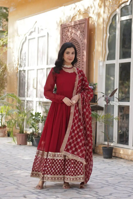 Moni 1157 Red Color Blooming Gown And Dupatta Collection