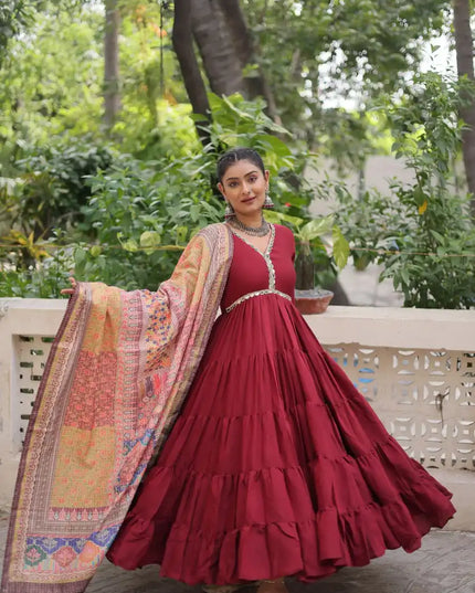 Mohini 9275 Maroon Color Roman Gown Dupatta Collection With Mirror Lace Work