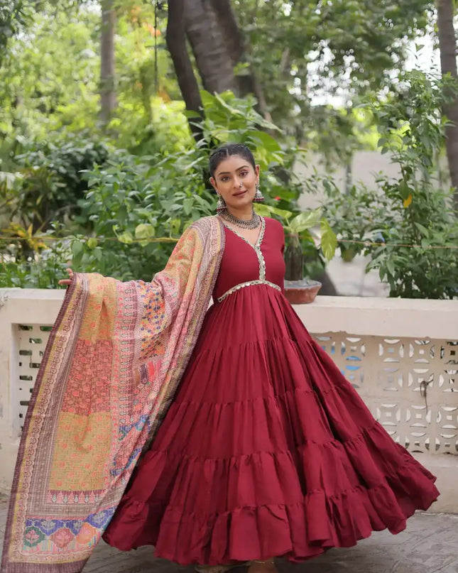 Mohini 9275 Maroon Color Roman Gown Dupatta Collection With Mirror Lace Work